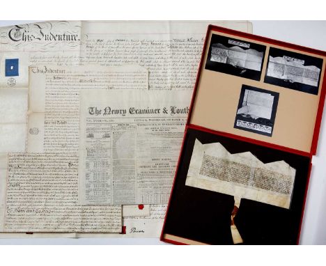 17th / 18th Century manuscript documents, indentures etc, 3 on vellum and a copy of 'The Newry Examiner &amp; Louth Advertise