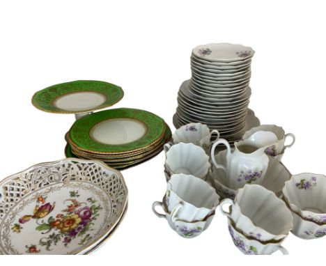 A Soho Pottery Solian ware green and gilt dessert service, a Limoges attributed tea set and a pair of Dresden floral decorate