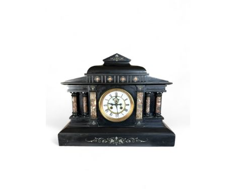 A large mid 19th century black slate and brescia marble mantel clock by Vincenti &amp; Cie
Of temple form, the stepped pedime