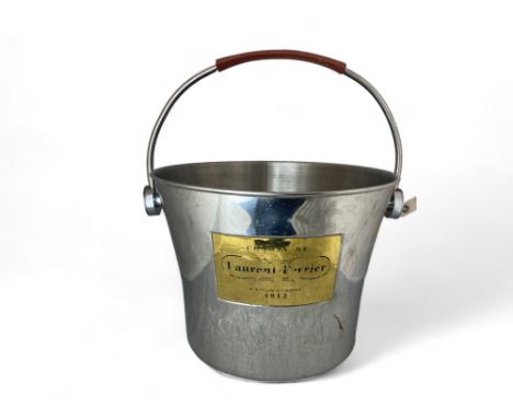 A large vintage Laurent Perrier stainless steel champagne bucket with leather handle
43cm wide, 28cm high.