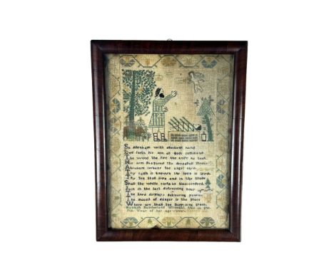 A 19th century sampler of Genesis 22 by Hannah Sunderland, age 9
In a rectangular rosewood frame, 52cm x 38cm.

Provenance:
P