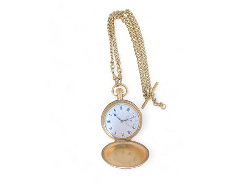A 10- carat gold plated hunter cased keyless lever pocket watch
The Roman enamel dials with subsidiary seconds, 21 jewel move