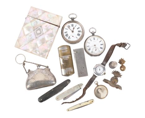 Various collectables, including mother-of-pearl visiting card case, silver fruit knife, silver pocket watch, etc 