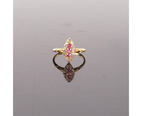An 18ct gold ruby and diamond marquise cluster ring, size O, 2.7g 