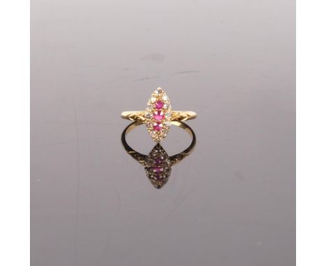 An 18ct gold ruby and diamond marquise cluster ring, size O, 2.7g 