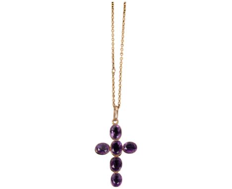 An Edwardian 9ct rose gold amethyst cross pendant necklace, on 9ct cable link chain with barrel clasp, pendant 3.5cm, chain 3