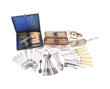 Various silver plate, including cutlery, cream jug, mother-of-pearl handled crumb tray, etc 