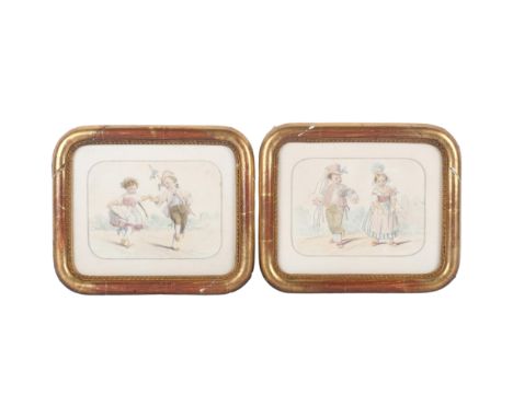 2 similar coloured Antique pencil sketches, depicting children playing, possibly holiday celebrations, in bamboo style wooden
