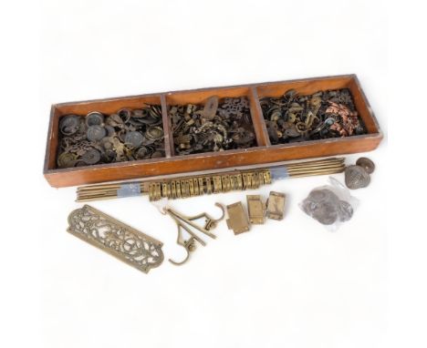 Brass stair rods and clips, brass finger plate, drawer handles, finial, etc 