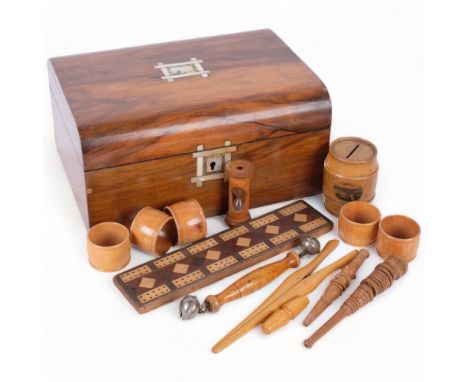 Antique walnut box with inlaid mother-of-pearl motifs, containing Mauchline Ware and treen items, including egg timer and bar