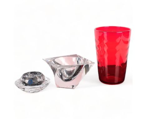 A Whitefriars ruby glass vase, H19.5cm, a Royal Copenhagen glass candle holder, and a square glass pot (chipped) 