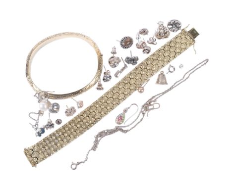 A Danish silver-gilt hinged bangle, silver earrings, and a gold plated brick link bracelet 