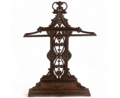 A Victorian architectural design cast-iron stick stand with drip tray, H76cm 