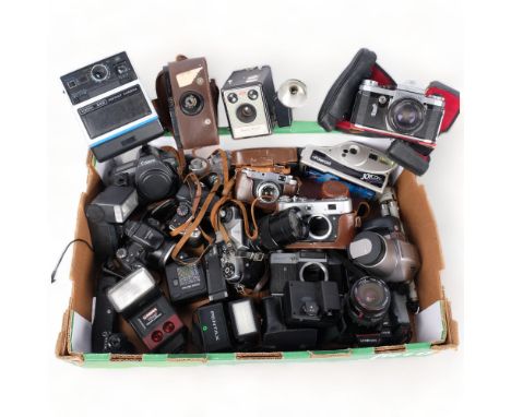 A quantity of various Vintage cameras and associated accessories, including a Polaroid Joycam, a Topcon automatic camera, a K