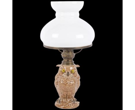 William Whiteley, France, a ceramic owl lamp base with glass eyes, and opaline shade, overall height 42cm 