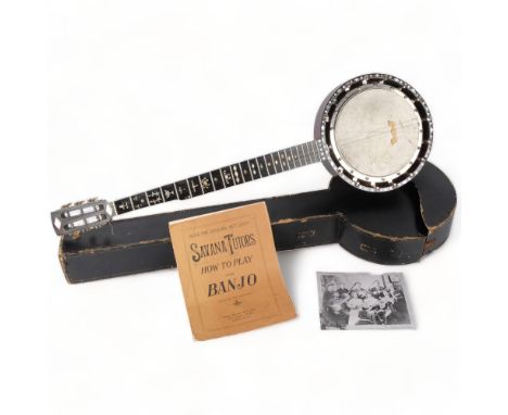 A 5-string banjo, with inlaid mother-of-pearl decoration, in associated Vintage hardshell carry case, includes pamphlet by Sa