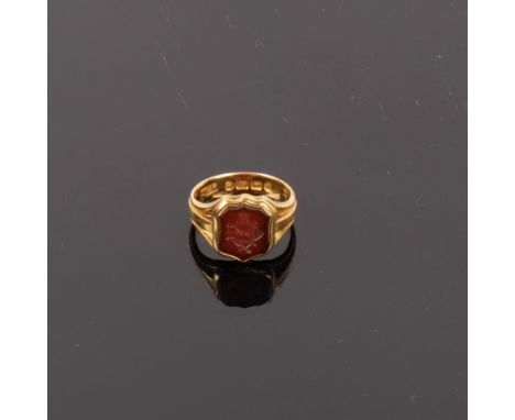 A 19th century 18ct gold carnelian shield seal signet ring, maker CG, Birmingham 1873, size M, 5.8g 