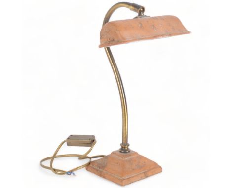 A brass swan-neck student's desk lamp, with ceramic shade and base, H35cm 