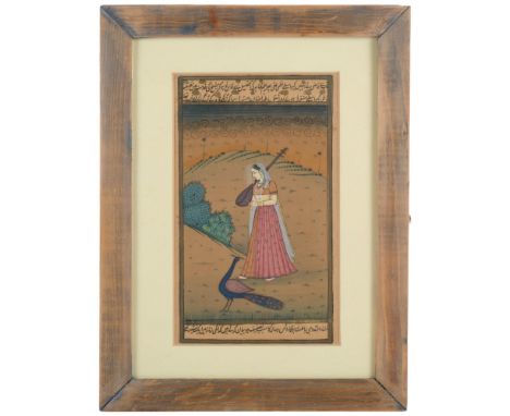 A framed hand coloured plate, depicting an Indian lady playing musical instrument, in a landscape scene with peacock, various
