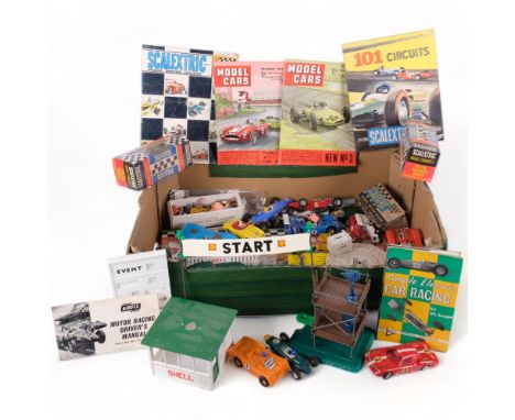 A large quantity of Scalextric and slot car Vintage toys, including many vehicles, accessories and ephemera 