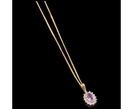 A 9ct gold amethyst and cubic zirconia oval cluster pendant necklace, on 9ct fine flat curb link chain, chain 44cm, 1.3g 