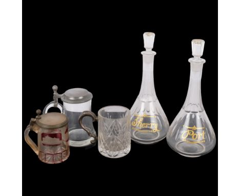 A pair of Sherry and Port decanters and stoppers, 29cm, German ruby overlay and engraved glass tankard, and 2 others 