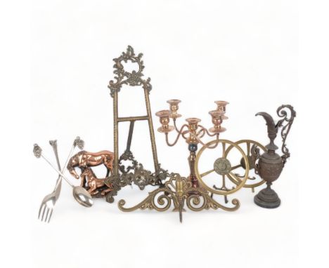 Vintage cast-brass picture easel, 55cm, a silver plate on copper 4-branch candelabrum, copper horse ornament, etc 