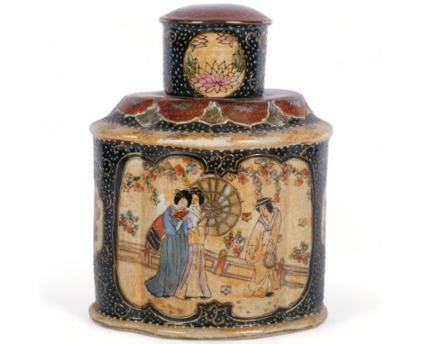 A Chinese ceramic caddy, with stopper and cover, with painted and gilded panels, base cracked, H20cm 