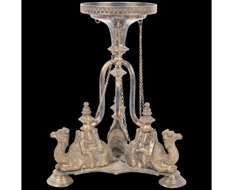 An English Archaeological Revival silver plated 'Egyptian Camel' table centre epergne base, probably by Philip Ashberry & Son