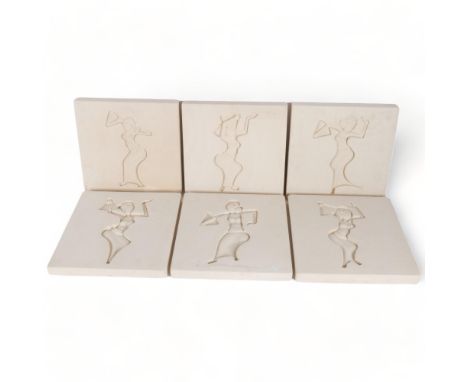 A set of 6 intaglio carved limestone panels, depicting Legong dance poses, taken from the drawings of Miguel Covarrubias, in 