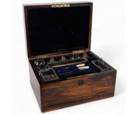 An Asprey and S Mordan & Company Victorian coromandel and brass-bound travelling vanity box, fitted interior and drawer to th