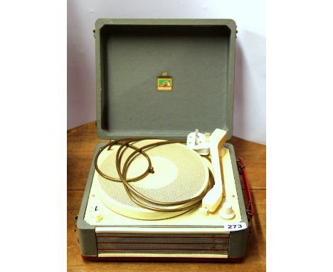 A HMV portable valve record player, 30 x 26 x 14cm.