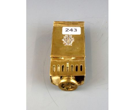 A 19th Century brass white metal monogrammed travelling folding candle lamp, L. 15cm.