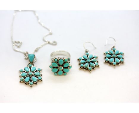 A suite of 925 silver turquoise set jewellery, to include earrings, pendant and chain and ring, (R).