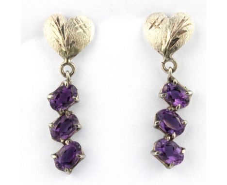 A pair of 950 silver amethyst set drop earrings.