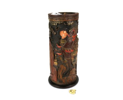 A Japanese carved bamboo and lacquer ivory inlaid brush pot (A/F), H. 30cm.