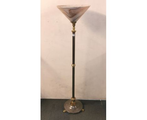 A steel and brass standard lamp with a marbled glass uplighter shade, H. 140cm.