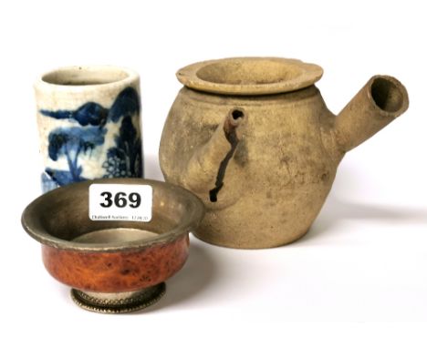 A Tibetan white metal mounted wooden yak butter tea bowl with a Chinese terracotta teapot and brush pot.