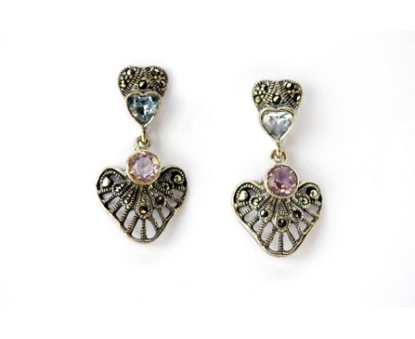 A pair of 925 silver and marcasite amethyst set drop earrings and a 925 silver amethyst set necklace.