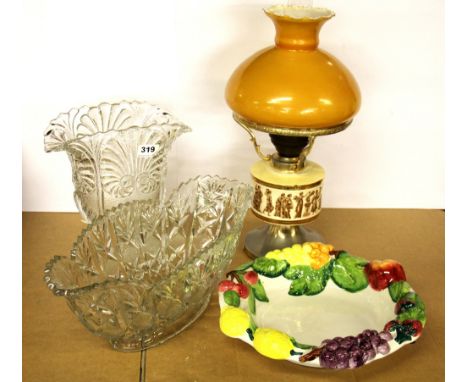 A large pressed glass vase and pressed glass bowl with a ceramic fruit bowl and oil lamp, lamp H. 53cm.