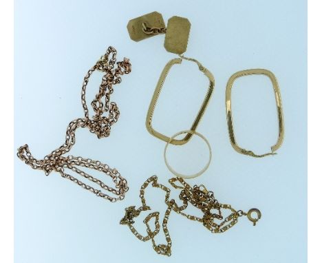 A pair of 9ct yellow gold large oval Earrings, 2.4g, a 9ct wedding band, 3.4g, a rose gold trace chain, 6.5g, half a pair of 