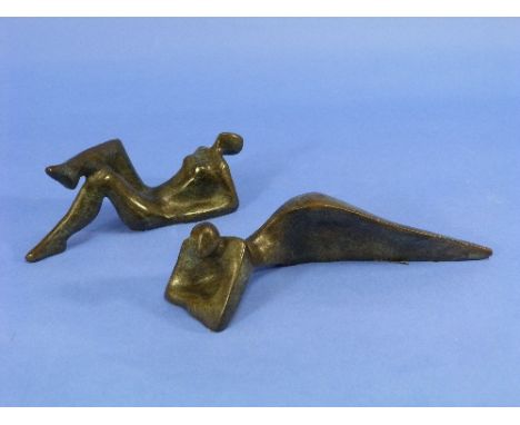 S. Jenkins (20thC), a pair of modern bronze stylized reclining female nudes, approximately 9in (23cm) long (2)