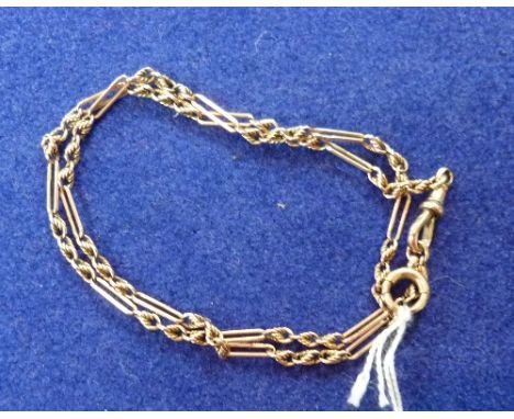 A narrow 9ct rose gold Watch Chain, of alternate plain oval and textured links, one clip and bolt ring attached, 17½in( 44.5c