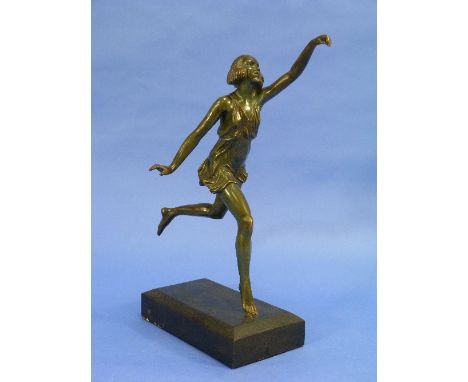 An Art Deco bronze figure of a female running, green patinated, on rectangular wood base, overall 14?in (36cm) high.