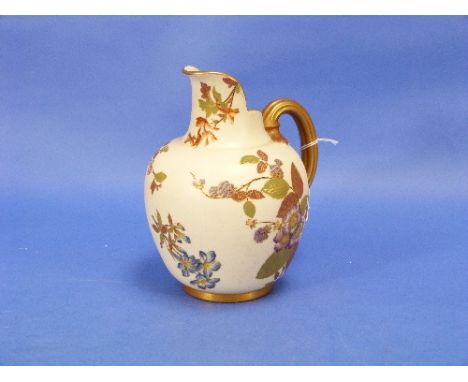 A Royal Worcester flat-back Jug, shape number 1094, decorated in colours and gilt with flowering branches and sprays, puce pr