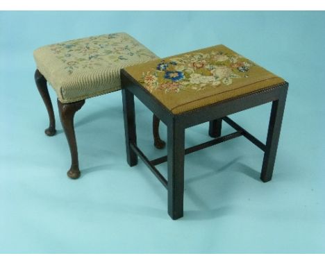 Two antique mahogany Stools, with woolwork tapestry upholstered seats (2)