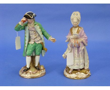 A pair of 19thC Meissen figures of a Cavalier and Lady, circa 1860-80, after the model by Acier, she reading a letter, a hand