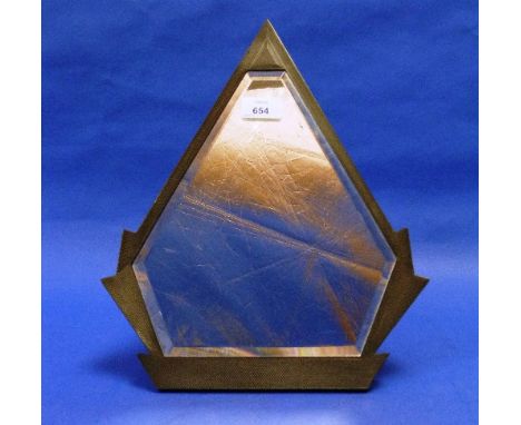 An Art Deco pewter framed strut Mirror, of stylized triangular form with engine-turned decoration and bevel-edged glass, impr