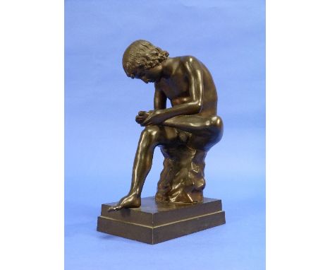 An Italian bronze figure of Spinero, the boy seated removing a thorn from his foot, on rectangular base, impressed foundry ma
