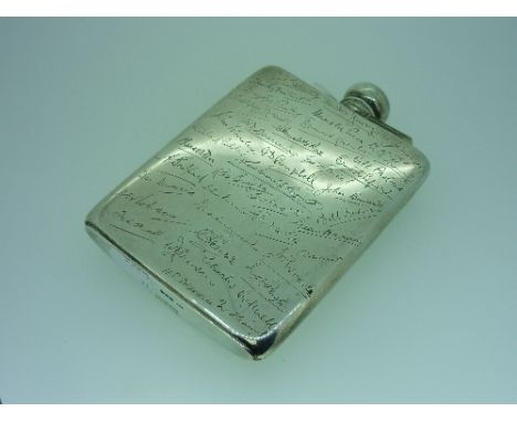 A George VI silver Spirit Flask, by Mappin & Webb Ltd, hallmarked Sheffield, 1947, of shaped rectangular form with hinged bay